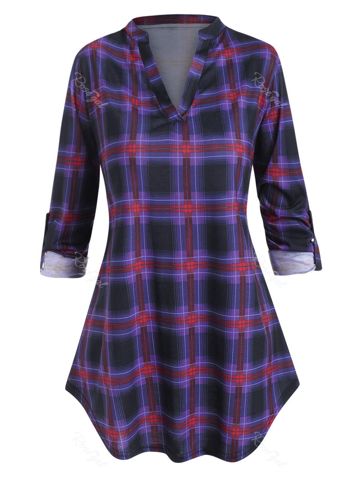 

Plus Size V Neck Plaid Roll Up Sleeve Curved T Shirt, Concord