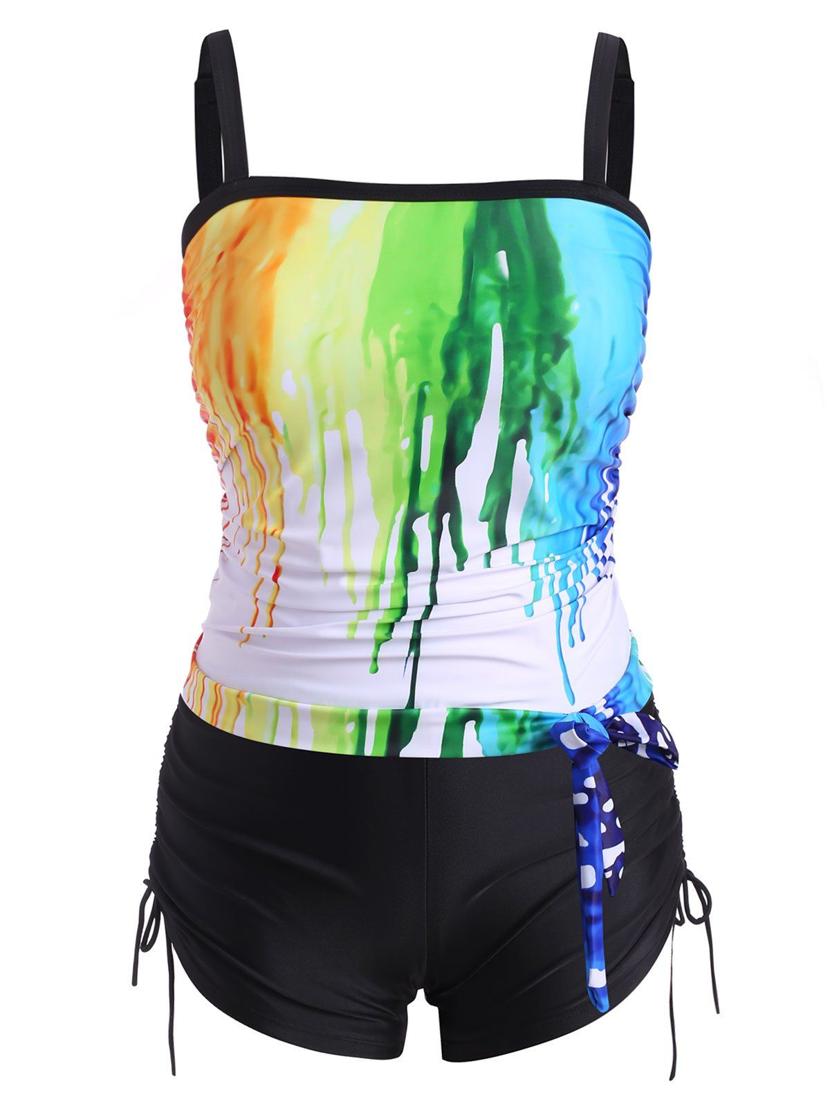 

Plus Size Splatter Paint Knotted Cinched Blouson Tankini Swimwear, Multi