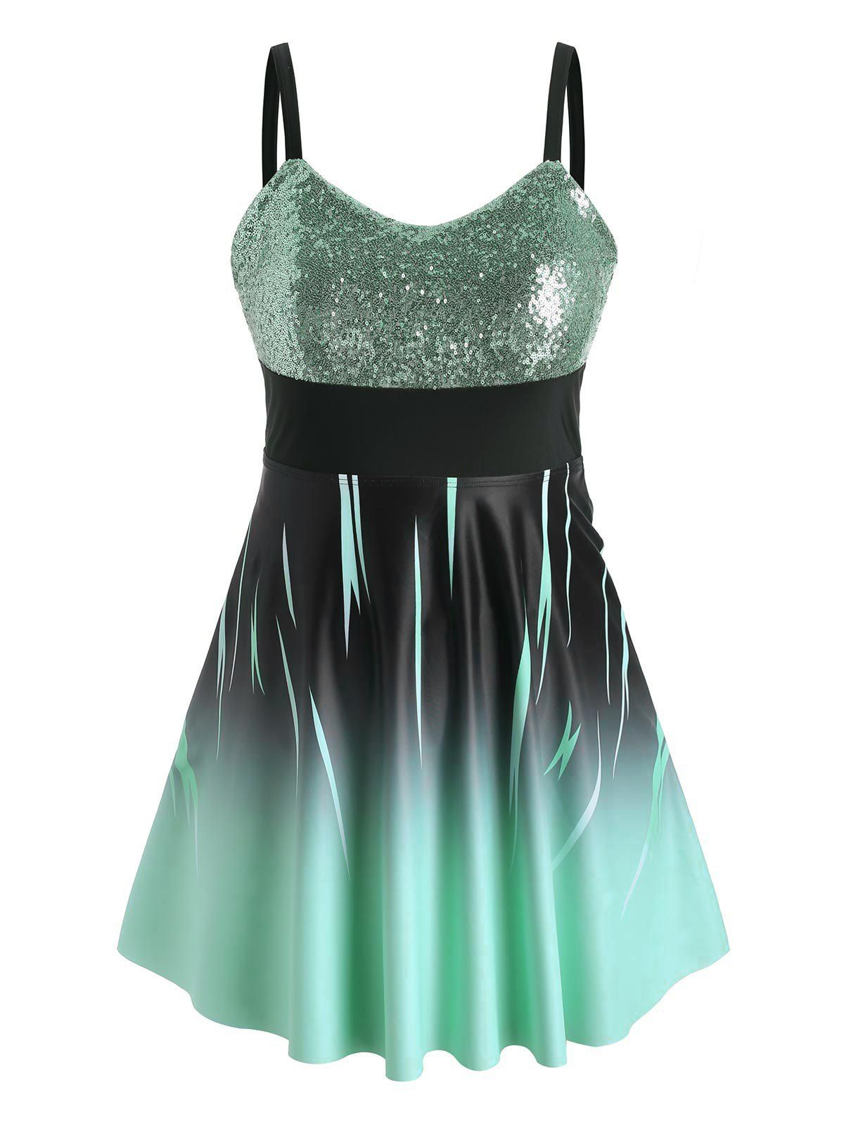 

Plus Size Sequins Ombre Skirted Tankini Swimwear, Light green