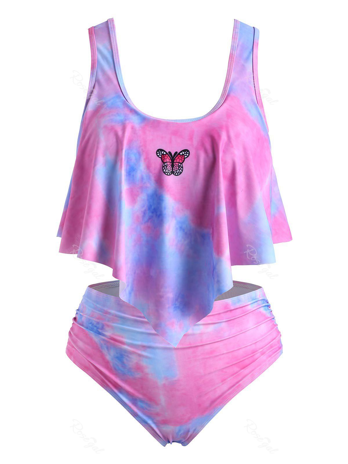 

Plus Size Tie Dye Butterfly Print Pointed Hem Ruched Tankini Swimwear, Multi