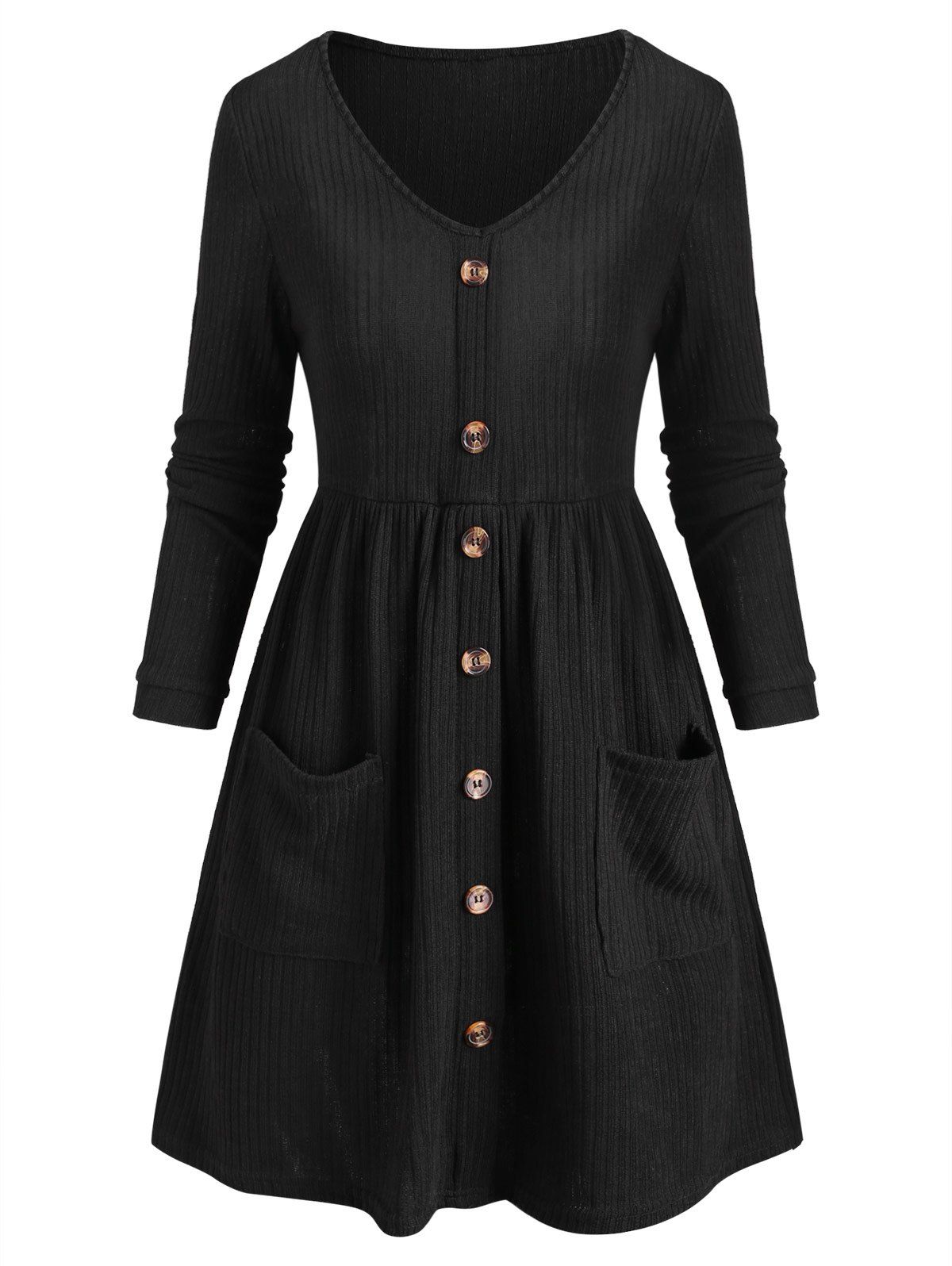 

Ribbed Button Embellished Pocket Mini Dress, Black