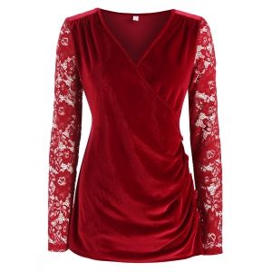 

Plus Size Lace Sleeve Velvet Ruched Surplice Top, Deep red
