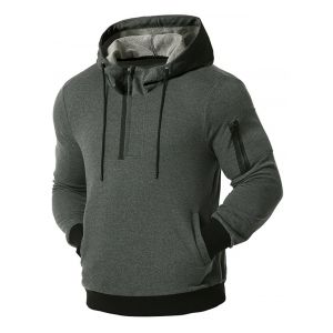 

Zipper Pocket Half Zip Drawstring Hoodie, Dark gray