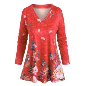 

Plus Size V Neck Floral Print T Shirt, Red