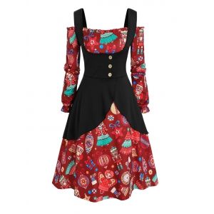 

Plus Size Christmas Printed Off The Shoulder Dress and Top Set, Deep red