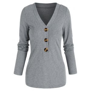 

V Neck Ribbed Mock Button Sweater, Light gray