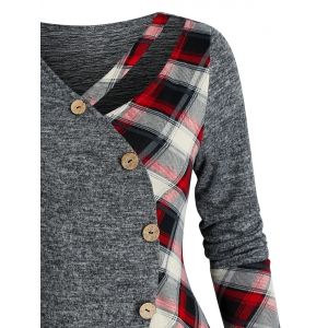 

Mock Button Plaid Pattern Pointed Hem Sweater, Gray