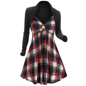 

Plaid Print Long Sleeve Twofer Dress, Black