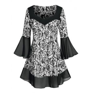 

Plus Size Flower Pattern Flare Sleeve Chiffon Sheer Blouse, Black