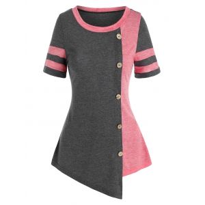 

Two Tone Buttons Asymmetric T Shirt, Pink rose