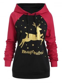 Plus Size Christmas Elk Print Raglan Sleeve Hoodie - RED - 5X