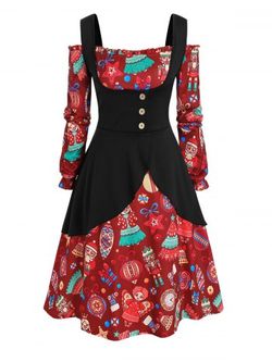 Plus Size Christmas Printed Off The Shoulder Dress and Top Set - DEEP RED - 2X