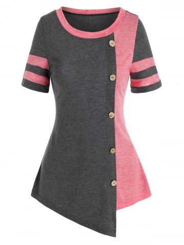 Botones de dos tonos camiseta asimétrica - PINK ROSE - XL