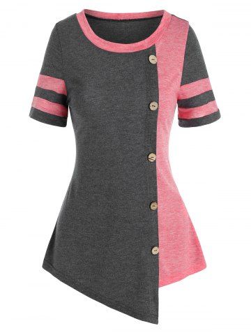 T-shirt Asymétrique Bicolore avec Boutons - PINK ROSE - 3XL