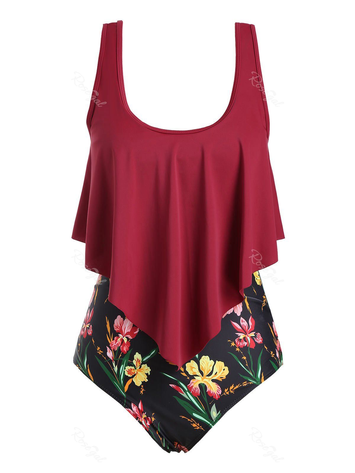 

Floral Strappy Overlay Flounces Plus Size One-piece Swimsuit, Deep red