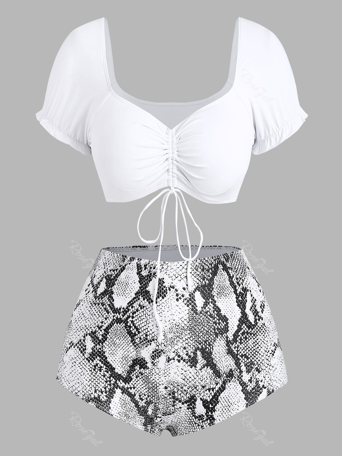 

High Waisted Cinched Front Snake Print Plus Size Bikini Swimwear, White