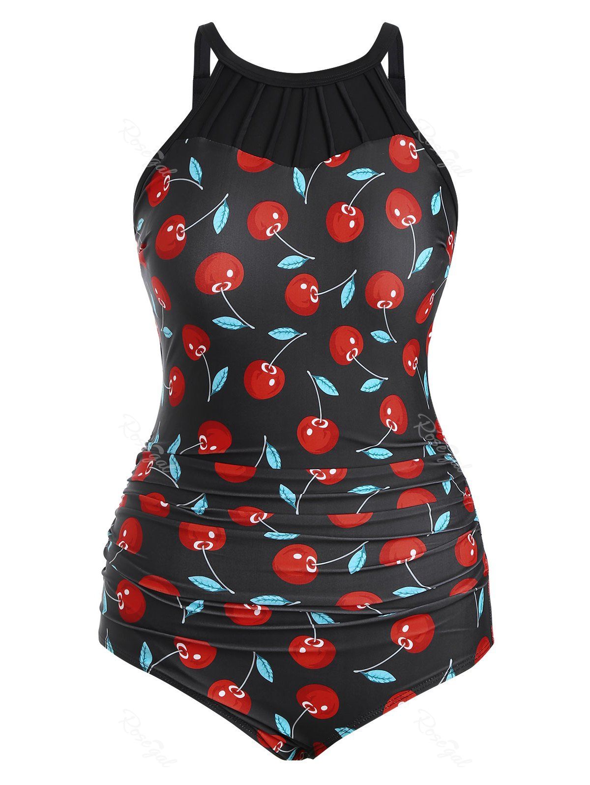 

Cherry Print Ruched Plus Size One-piece Swimsuit, Black