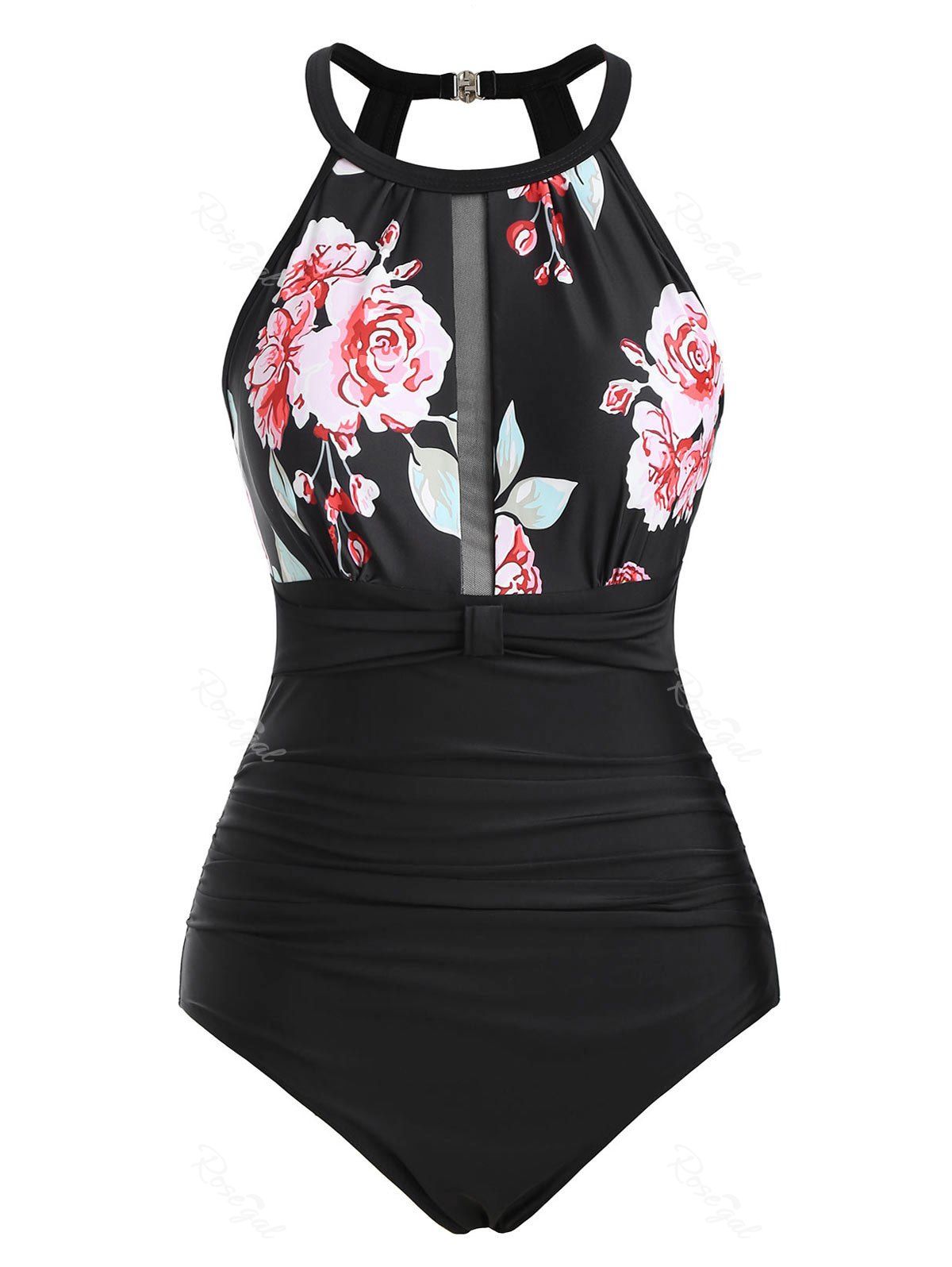 

Mesh Panel Ruched Floral Plus Size One-piece Swimsuit, Black