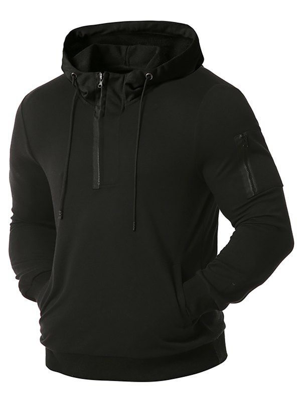 

Zipper Pocket Half Zip Drawstring Hoodie, Black