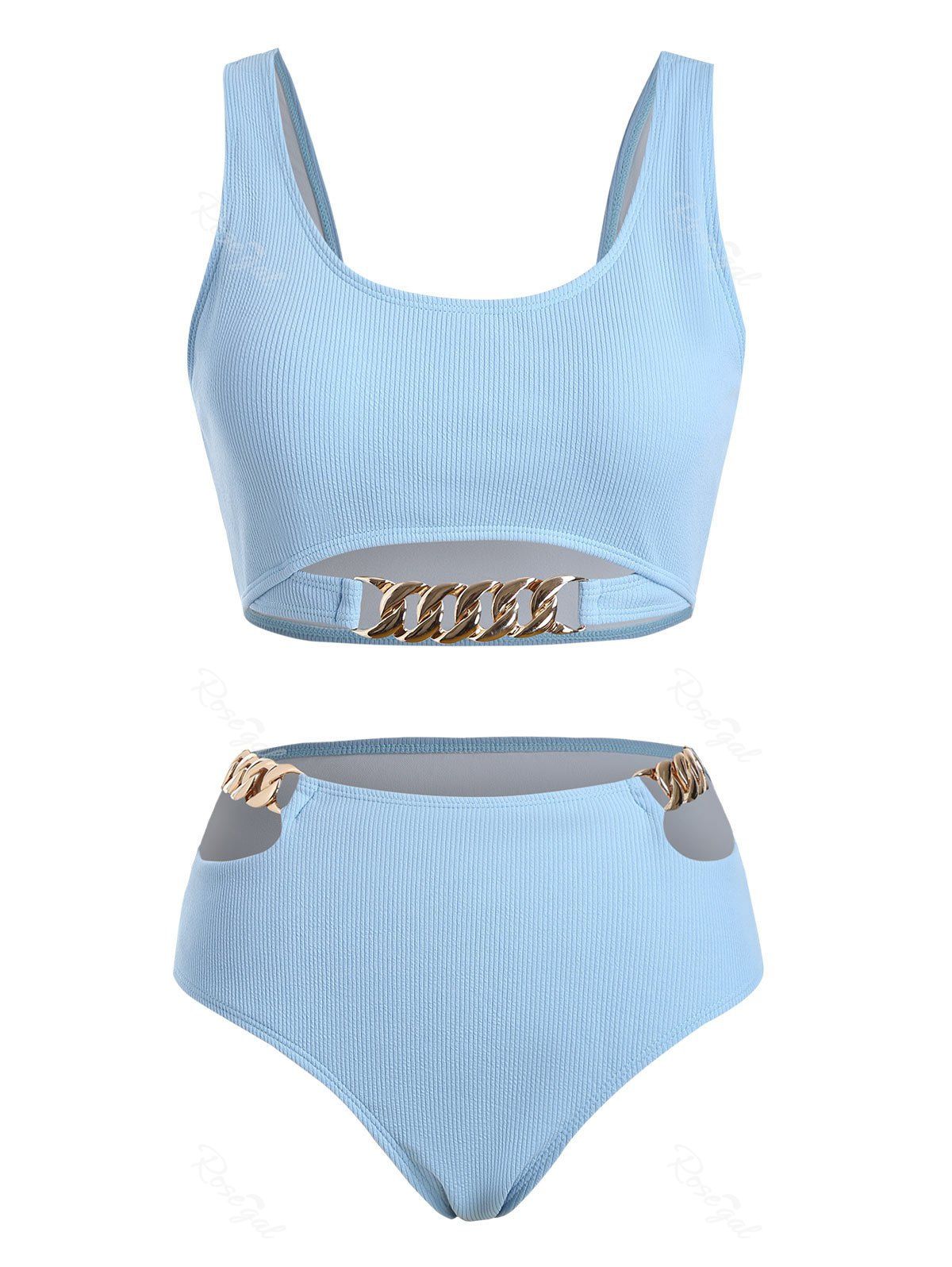 

Plus Size Chain Detail Cut Out Padded Bikini Set, Light blue