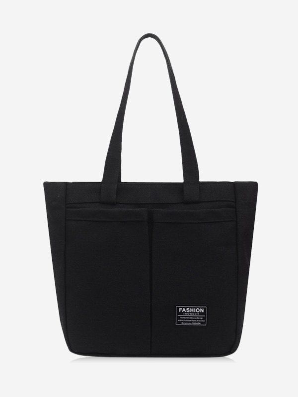 

Letter Label Canvas Pockets Tote Bag, Black