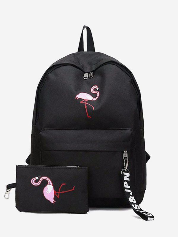 

2Pcs Flamingo Print Canvas Pen Bag Pendant Backpack Set, Black