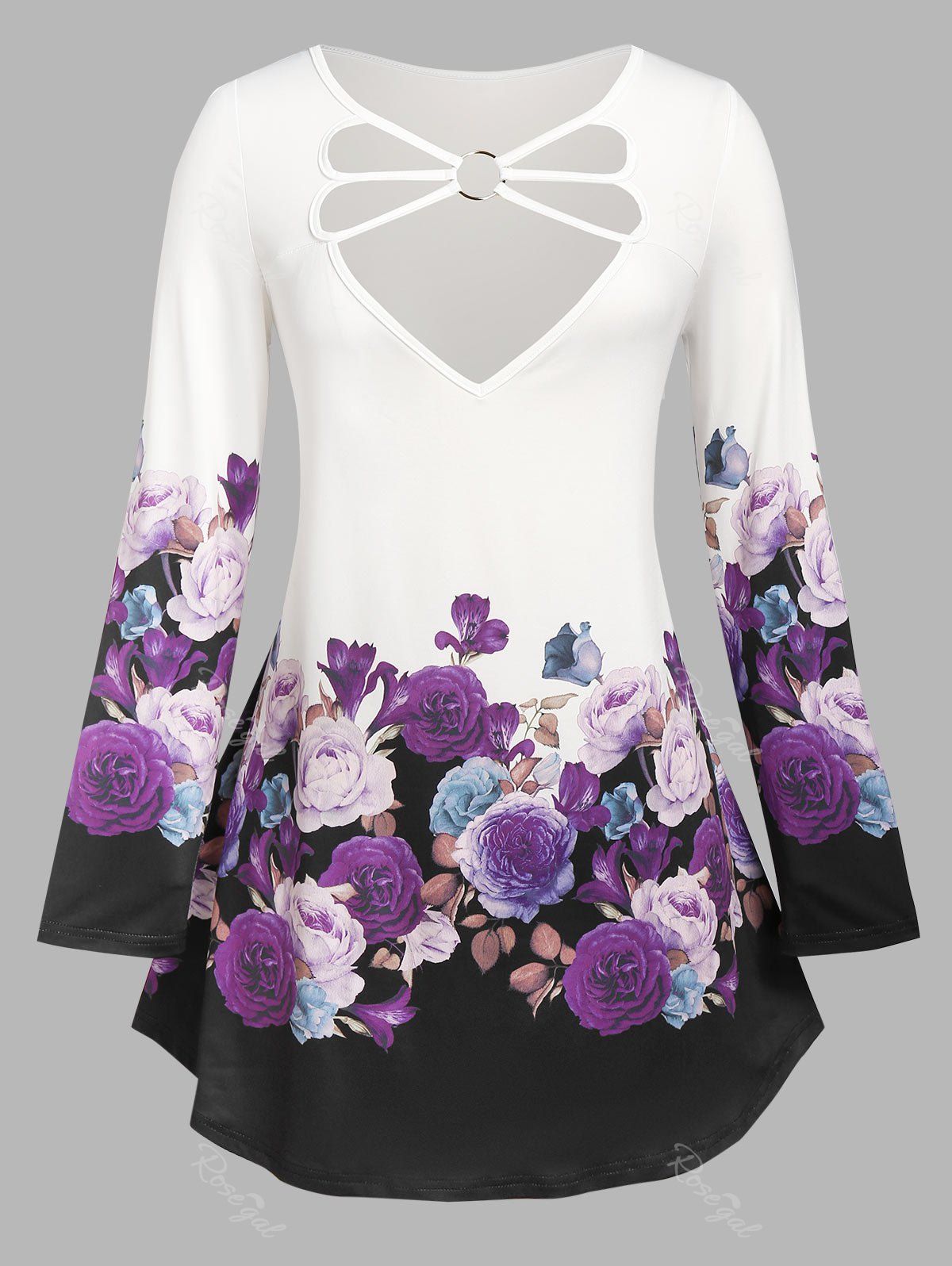 

Plus Size Floral Print O Ring Strappy T Shirt, White