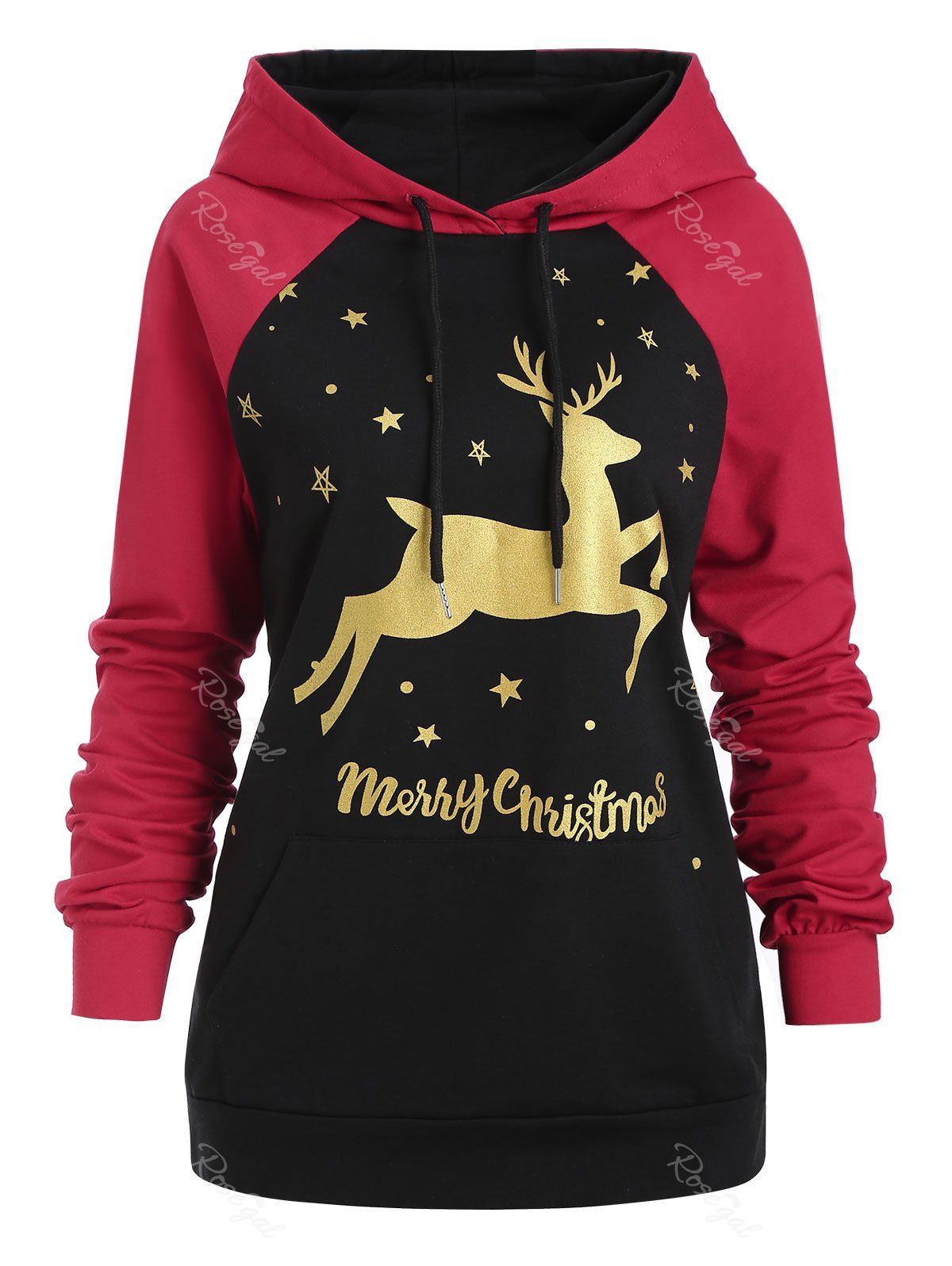Best Plus Size Christmas Elk Print Raglan Sleeve Hoodie  