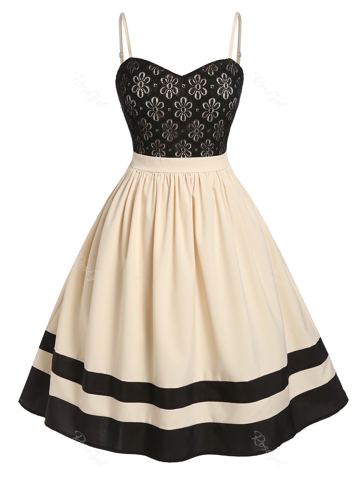 

Plus Size Lace Flower Striped A Line Cami Backless Dress, Black