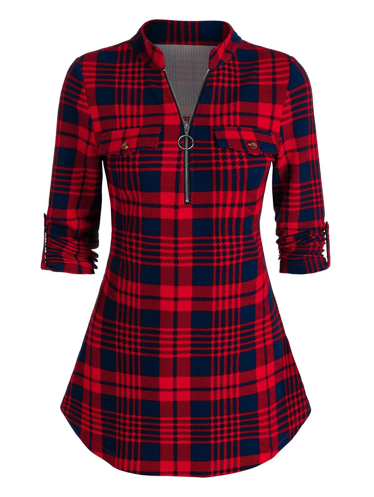 

Plaid Print Half Zip Cuffed Sleeve Blouse, Midnight blue