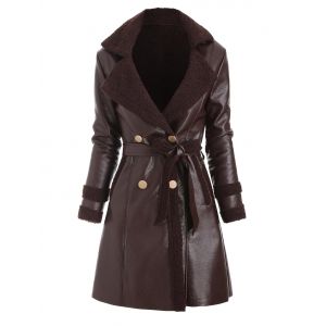 

Faux Leather Shearling Insert Pocket Belted Coat, Blood red