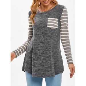 

Striped One Pocket Long Sleeve Casual T Shirt, Ash gray