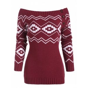 

Button Side Off Shoulder Zig Zag Geometric Sweater, Deep red
