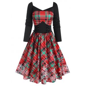 

Sweetheart Neck Xmas Snowflake Print Checked Lace-up Dress, Black