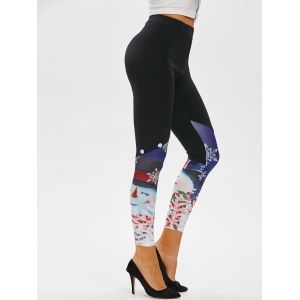 

Christmas Snowflake Snowman Mock Button Leggings, Black