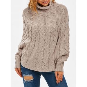 

High Neck Cable Knit Poncho Sweater, Light coffee