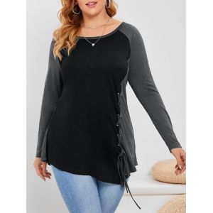 

Plus Size Raglan Sleeve Lace Up Colorblock T Shirt, Black