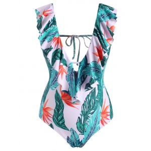 

Plus Size Leaf Flounce Backless Plunging One-piece Swimsuit, Multi