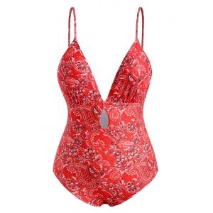 Plus Size Paisley Bohemian Keyhole One-piece Swimsuit, Red