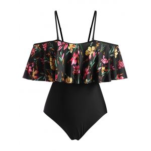 

Plus Size Flounce Floral Cold Shoulder One-piece Swimsuit, Black