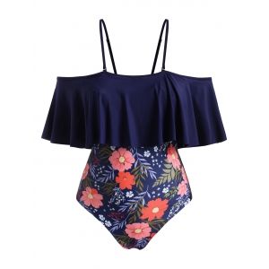 

Plus Size Flounce Floral Open Shoulder One-piece Swimsuit, Deep blue
