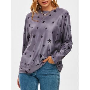 

Stars Print Topstitching Detail Long Sleeve Top, Gray