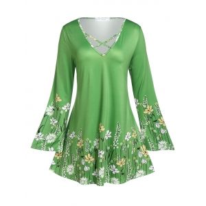 

Plus Size Crisscross Floral Print T Shirt, Deep green