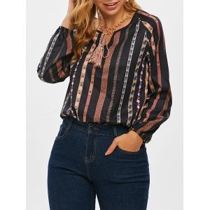 

Tie Tassels Bohemian Printed Long Sleeve Blouse, Black