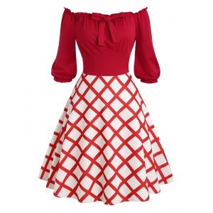 

Plaid Frilled Off Shoulder Knotted Vintage Dress, Red