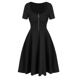 

Half Zip Short Sleeve Flare Dress, Black