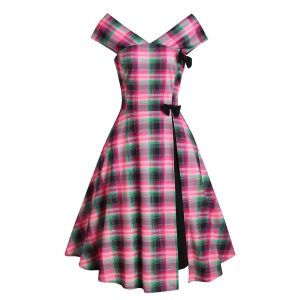 

Plaid Double V Neck Bowknot A Line Dress, Multi