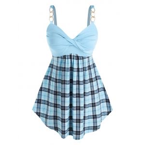 

Plus Size Plaid Chains Twist Skirted Tunic Tank Top, Sea blue