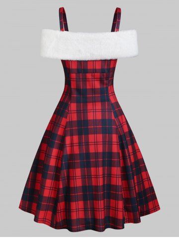 

Plaid Faux Fur Panel A Line Cami Dress, Red