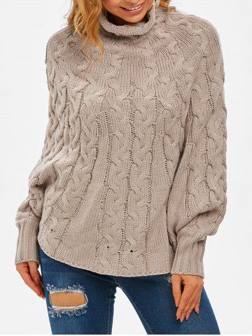 Suéter de poncho de cables de cuello alto - LIGHT COFFEE - S